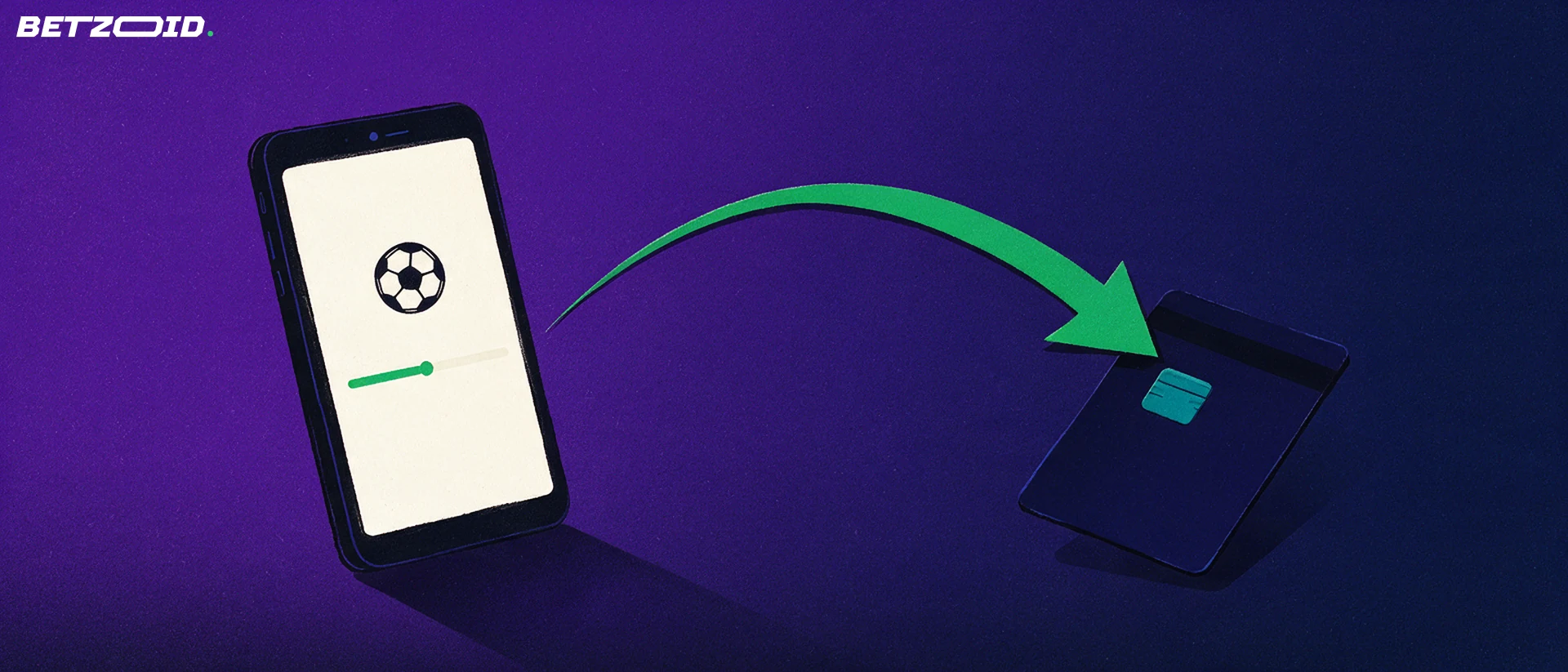 Illustration of a smartphone with a football icon on screen and a green arrow curving into a plain bank card, suggesting mobile betting and payouts.