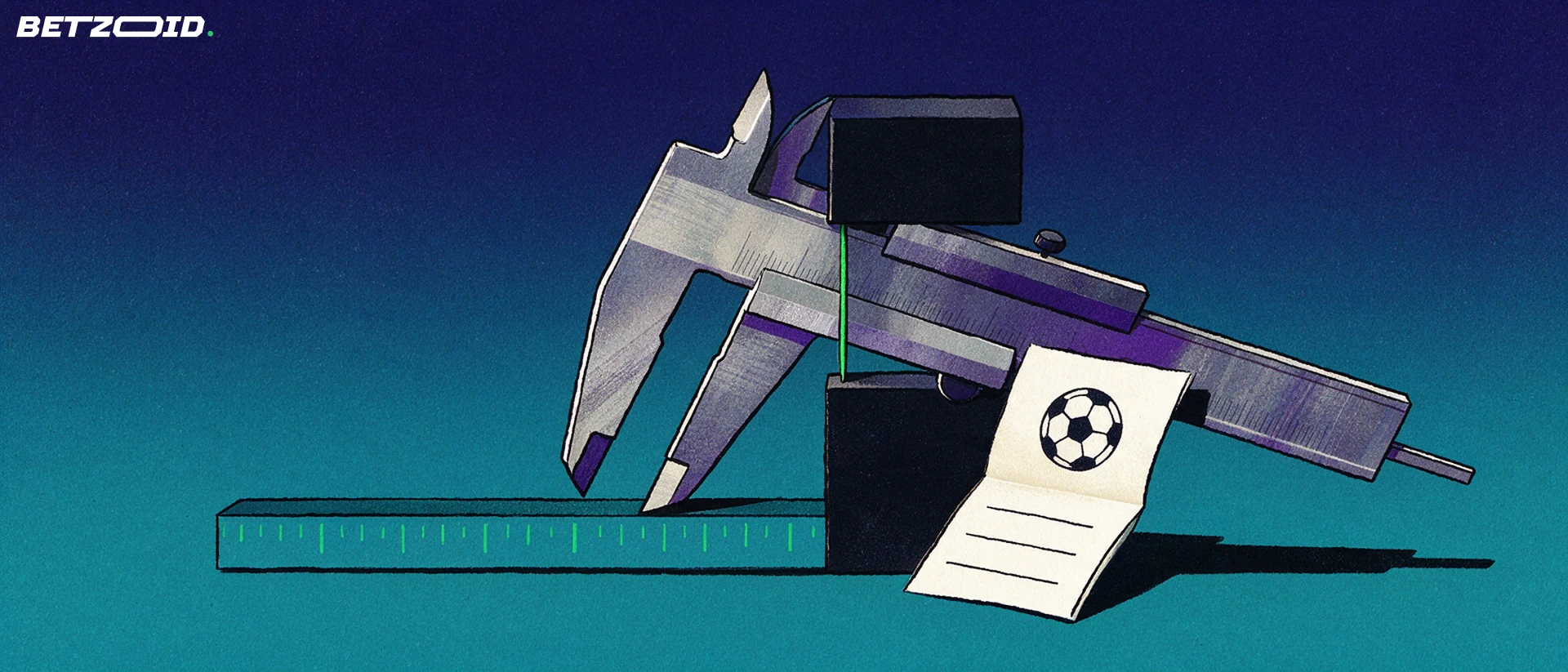Illustration of a large caliper measuring a thin green sliver between two dark blocks beside a folded betting slip with a ball symbol.