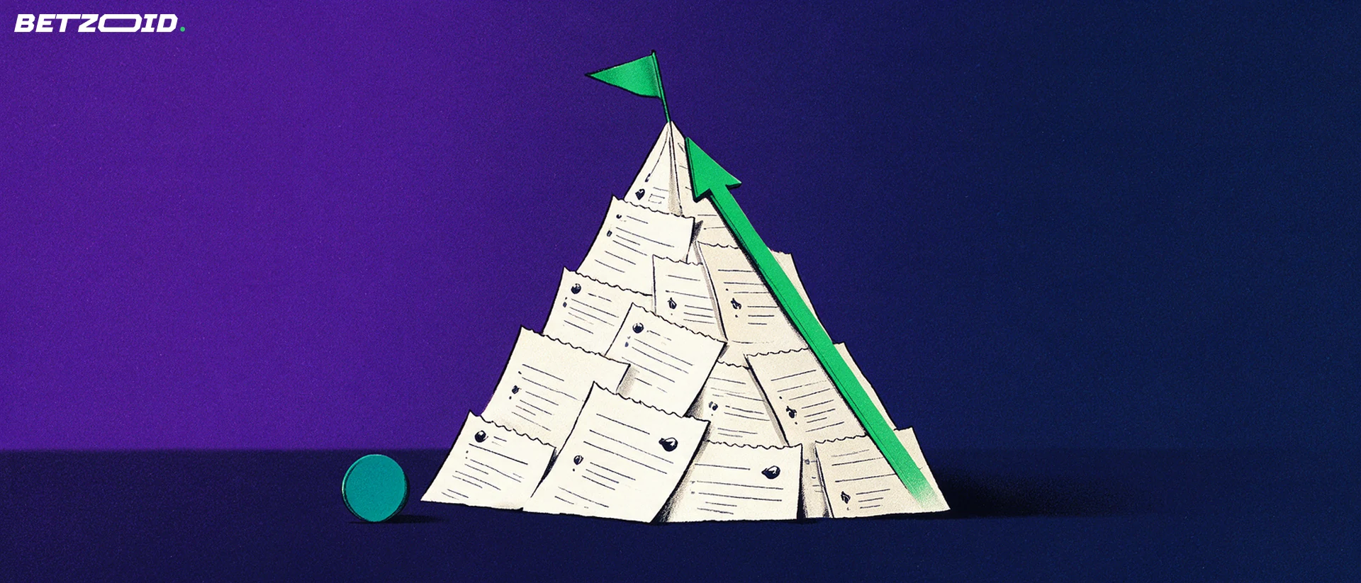 Illustration of a mountain peak made of stacked betting slips with a green arrow rising to a small flag at the summit.