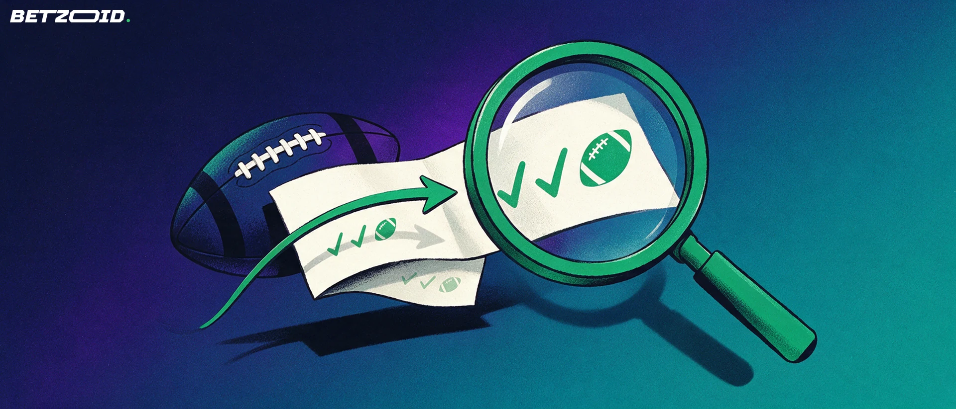 Illustrazione di una grande lente d'ingrandimento che esamina una schedina di scommesse sportive accanto a un pallone da calcio