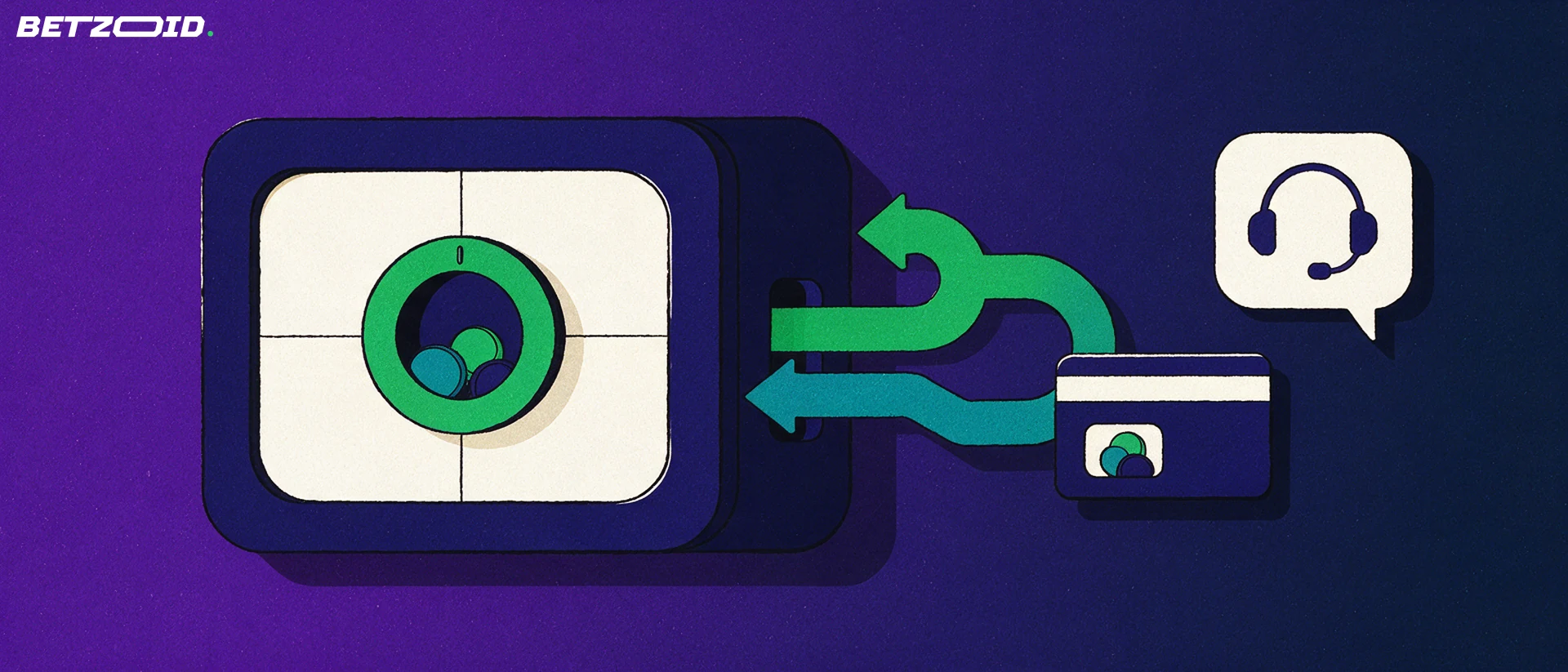 Illustration of a vault-style cash box with two arrows looping to a plain bank card and a support speech bubble