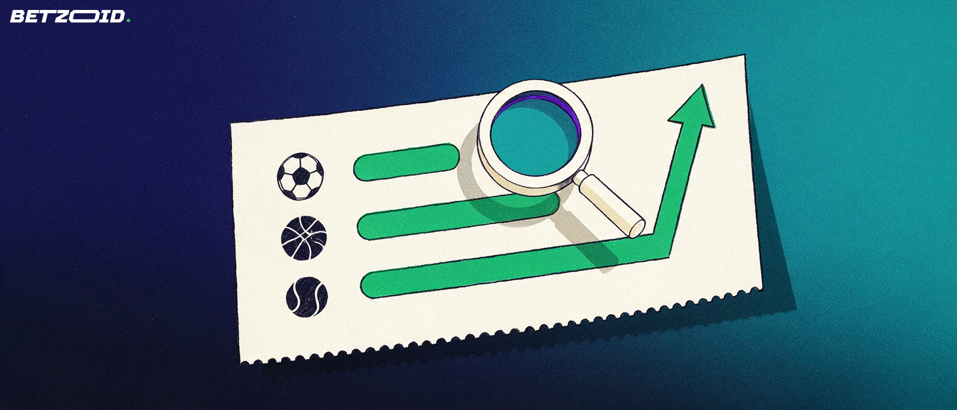 Illustrazione di una schedina di scommesse con simboli sportivi, barre crescenti, freccia verde verso l'alto e lente di ingrandimento