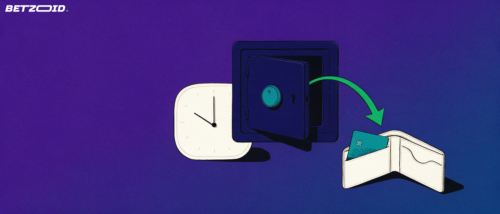Illustrazione di una cassaforte aperta con una freccia verde che porta il denaro in un portafoglio con carta di pagamento, accanto a un orologio