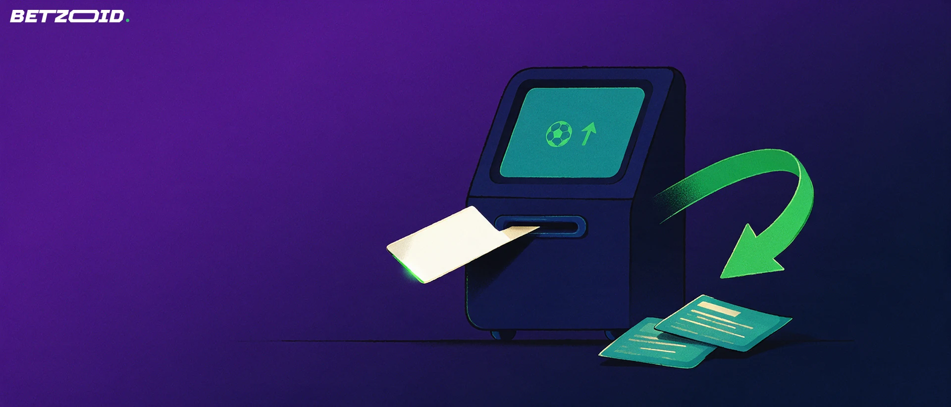 Illustrazione di un terminale per scommesse con una carta di pagamento inserita nella fessura e una freccia che torna verso due schedine.