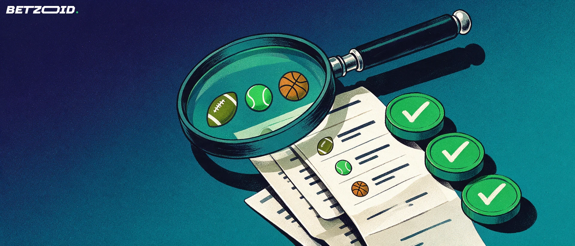 Illustrazione di una grande lente d'ingrandimento sopra una schedina sportiva con simboli di calcio, tennis e basket e tre dischi con segni di spunta.