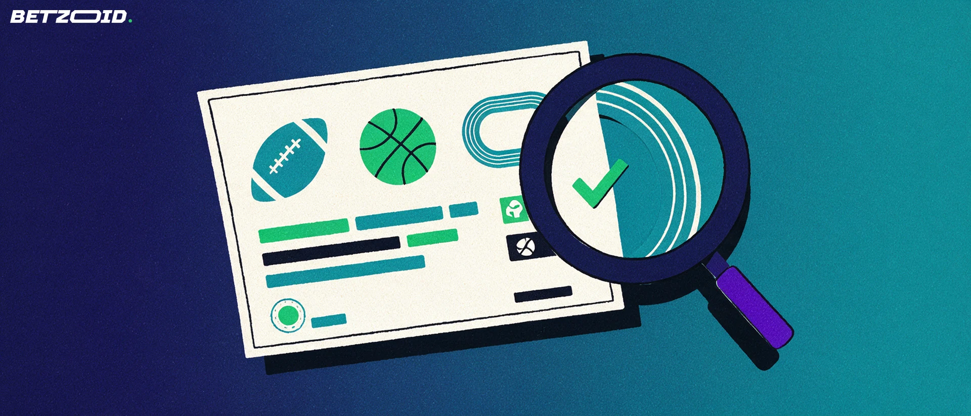 Illustration of a magnifying glass inspecting a betting slip marked with football, basketball and athletics symbols.