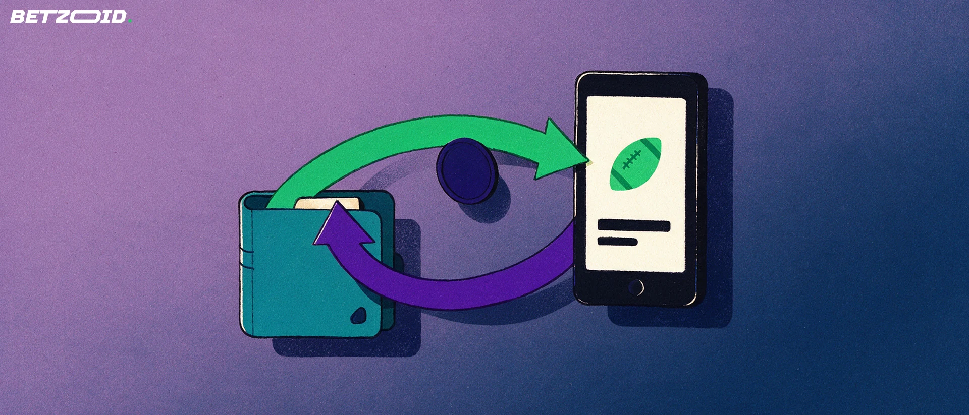 Illustration of a wallet and a smartphone with a football symbol connected by two curved arrows and a coin, showing money moving in and out.