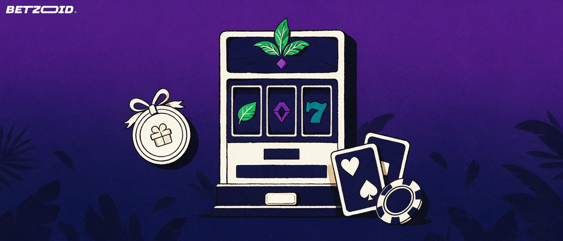 Illustrazione di una slot machine con simboli geometrici, carte da gioco, una fiche e un token regalo su sfondo blu notte