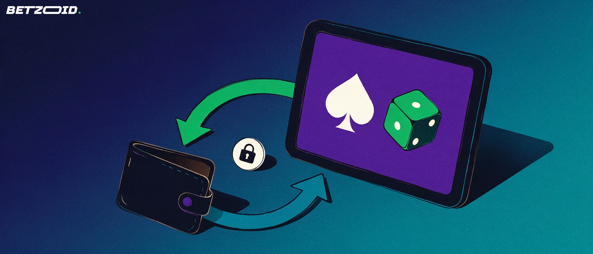 Illustrazione di un tablet con simboli di gioco collegato da frecce a un portafoglio, con un lucchetto, su sfondo blu-verde