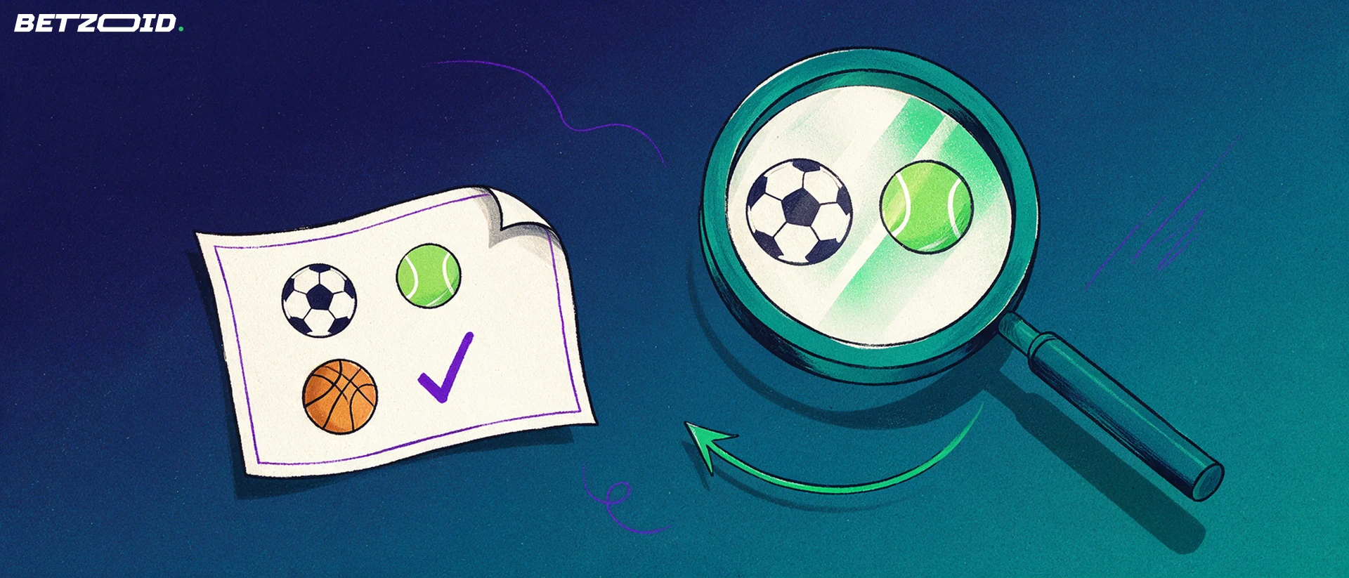 Illustrazione di una grande lente d'ingrandimento che esamina una schedina con semplici simboli di calcio, tennis e basket