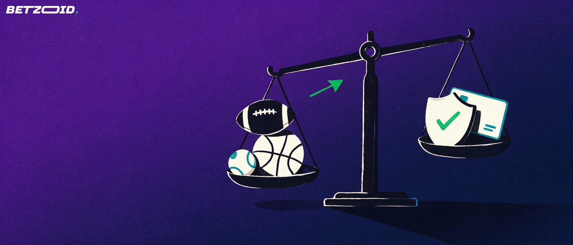 Illustrazione di una bilancia che confronta palloni sportivi con uno scudo con spunta e una carta di pagamento