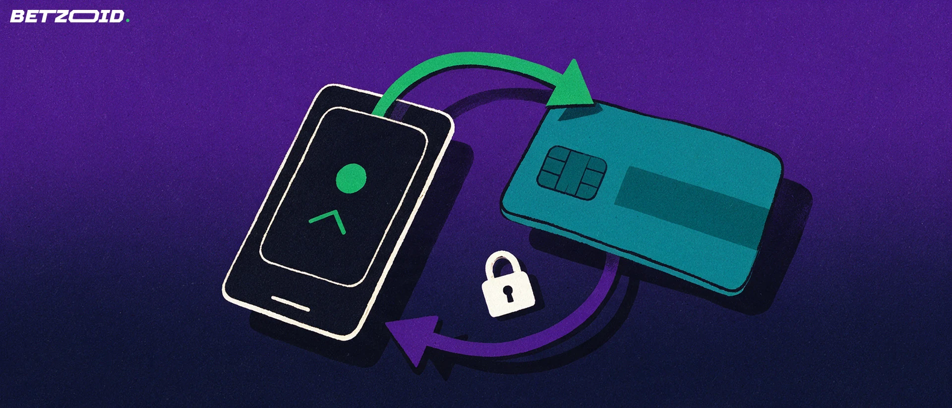Illustration of a handheld device with a ball symbol and a payment card linked by two curved arrows forming a loop, with a small padlock