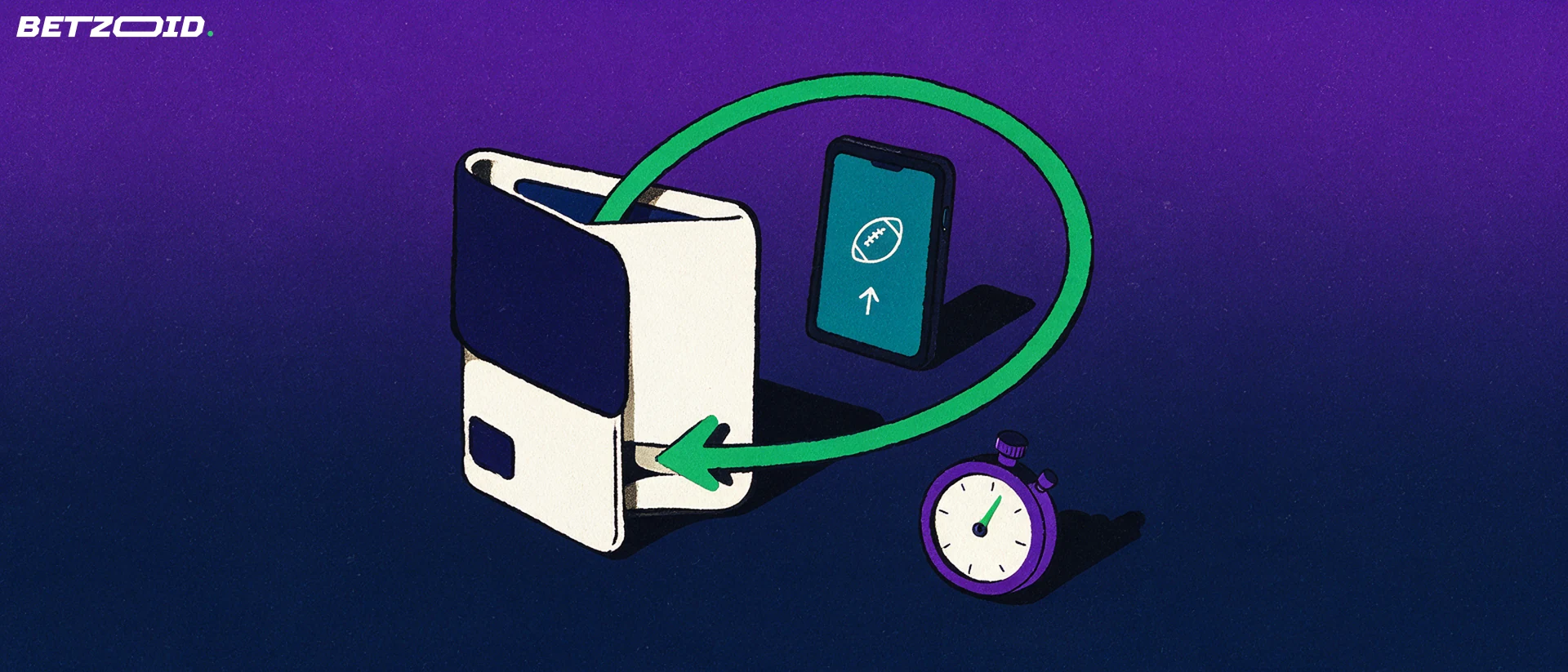 Illustration of a wallet with a circular arrow loop connecting to a phone showing a football symbol and a small stopwatch.