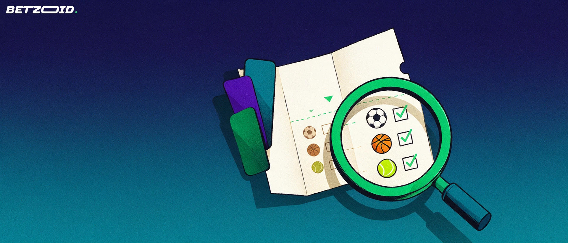 Illustration of a magnifying glass enlarging a paper betting slip showing football, basketball and tennis symbols with ticked checkboxes.
