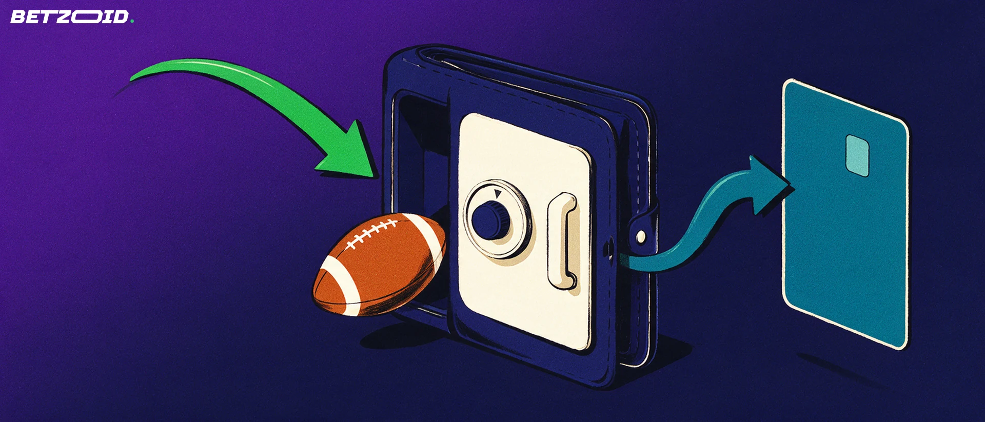 Illustration of a wallet-safe with a football inside, green and teal arrows showing money moving in and out toward a plain payment card.