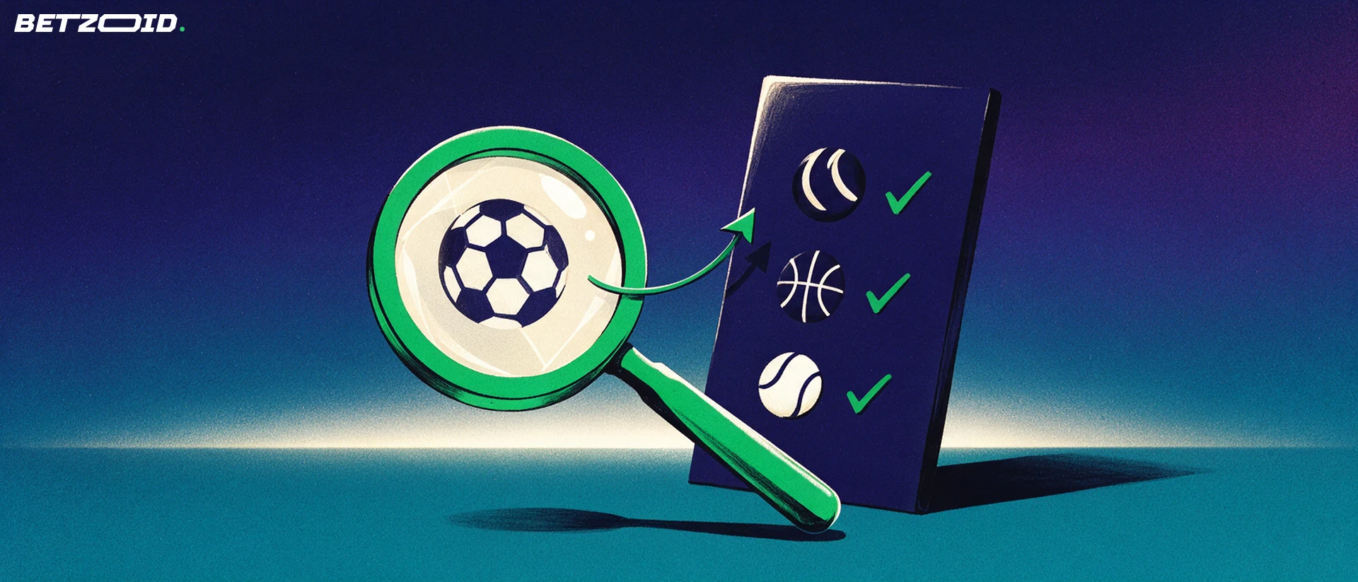 Illustration of a tall betting slip card with football, basketball and tennis icons beside a large magnifying glass enlarging one sport symbol.