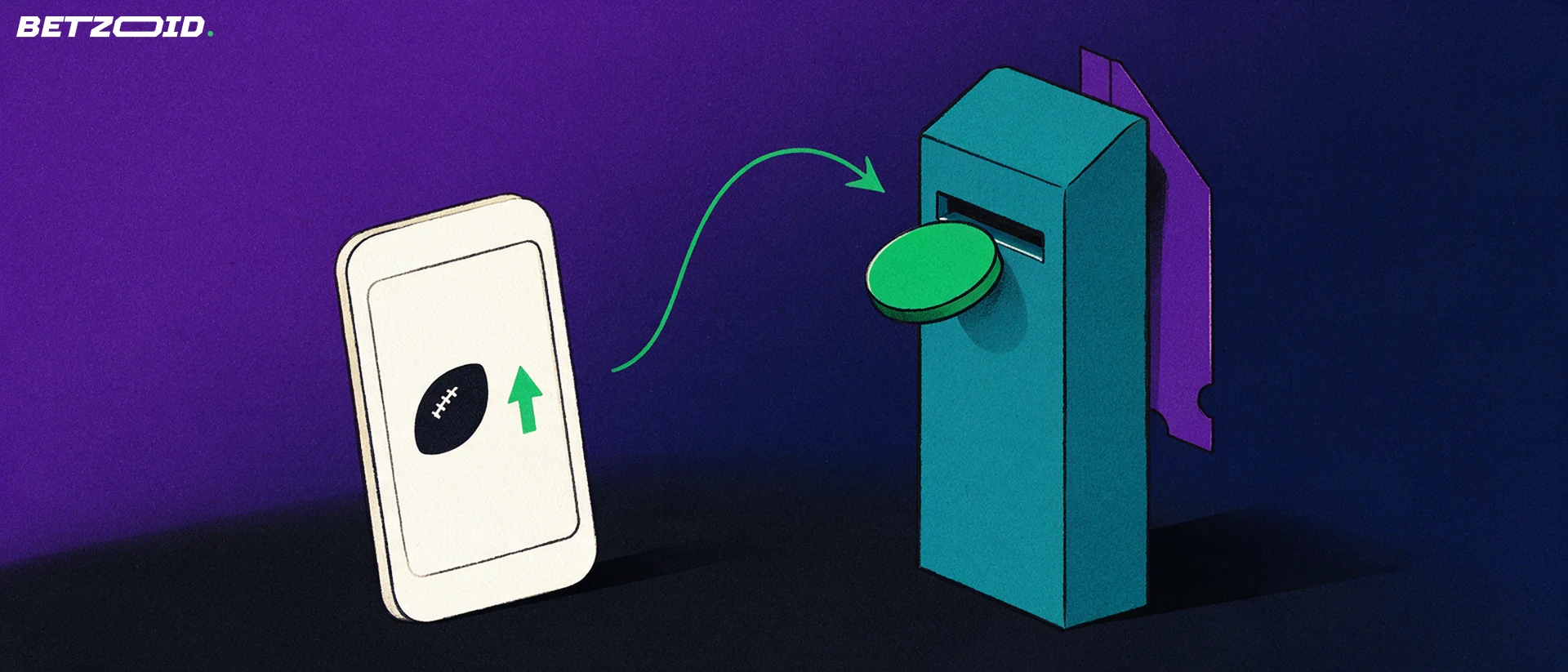 Illustration of a handheld device with a football symbol sending a single coin along a curved arrow into a stylised payment terminal.