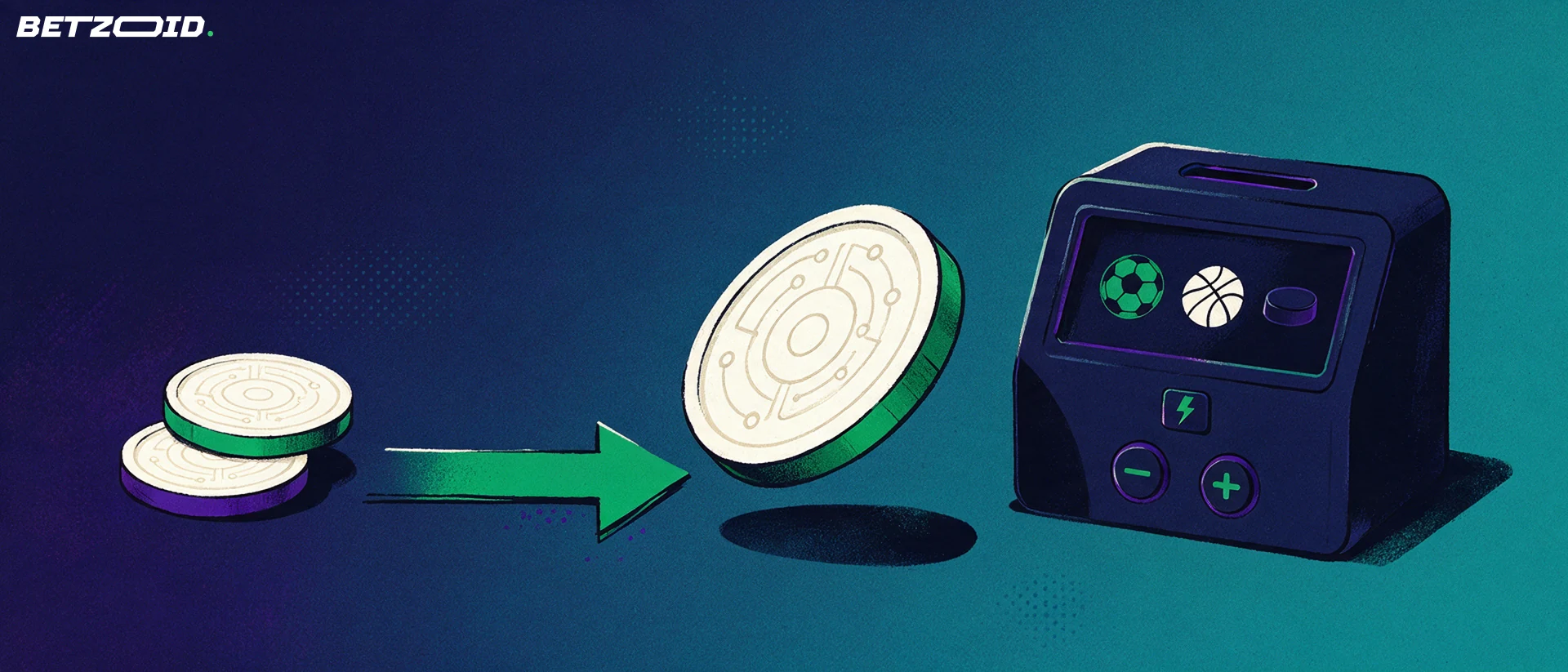 Illustration of a large digital coin sliding along an arrow into a betting terminal showing soccer, basketball and hockey symbols.