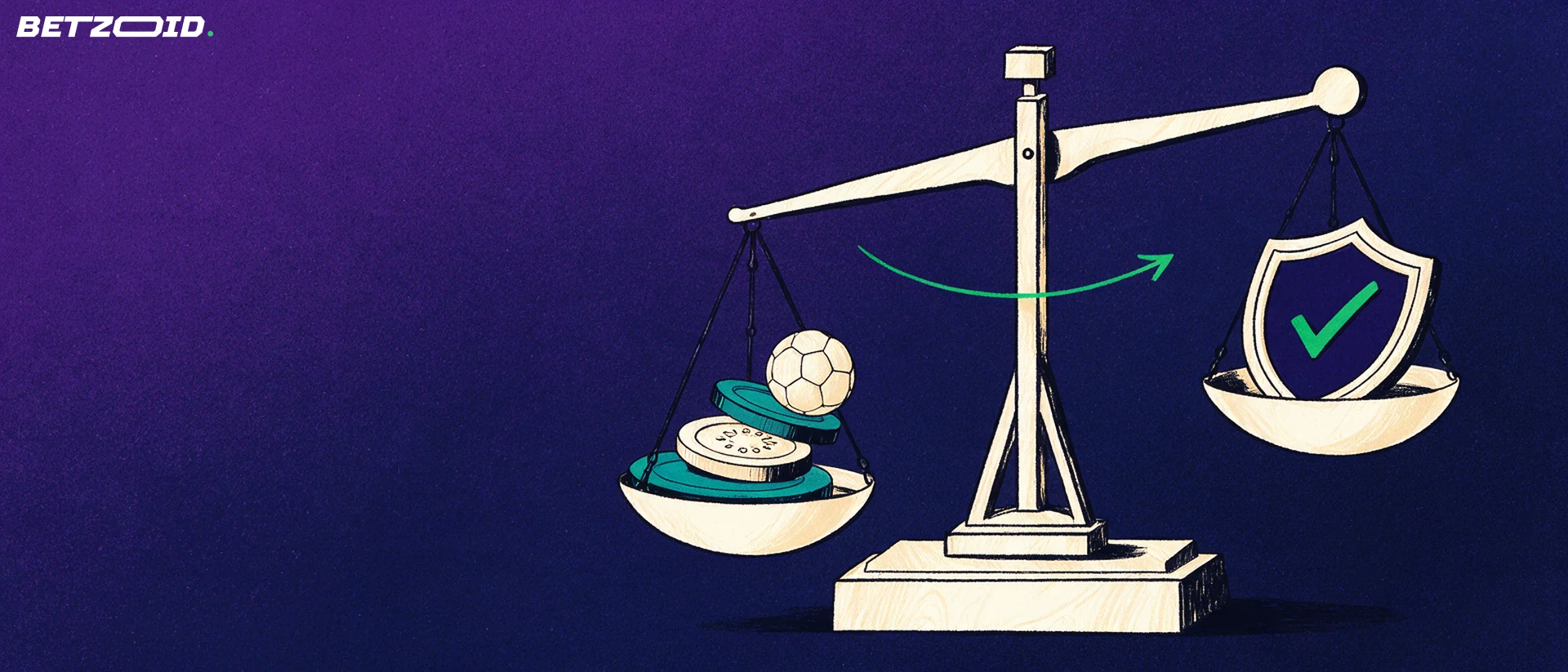 Illustration of a balance scale weighing betting tokens and a football against a shield with a checkmark