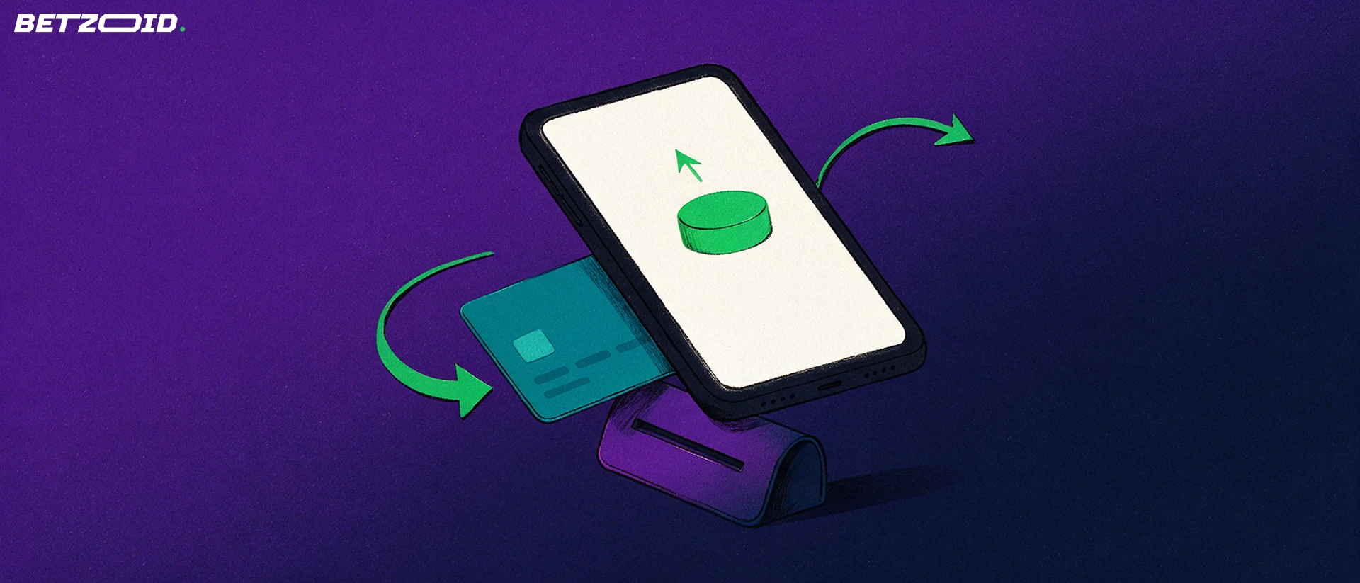 Illustration of a smartphone showing a hockey puck symbol with a blank payment card and arrows indicating deposits and withdrawals.