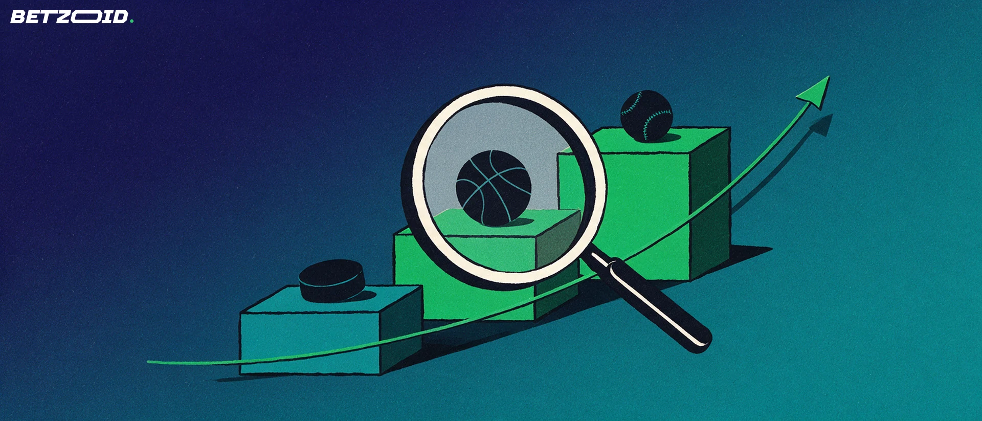 Illustration of a magnifying glass examining a rising ladder of bars marked with hockey, basketball and baseball symbols.