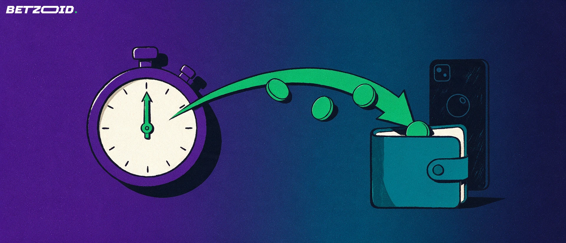 Illustration of a stopwatch with an arrow carrying tokens into an open wallet beside a small device showing a ball symbol.
