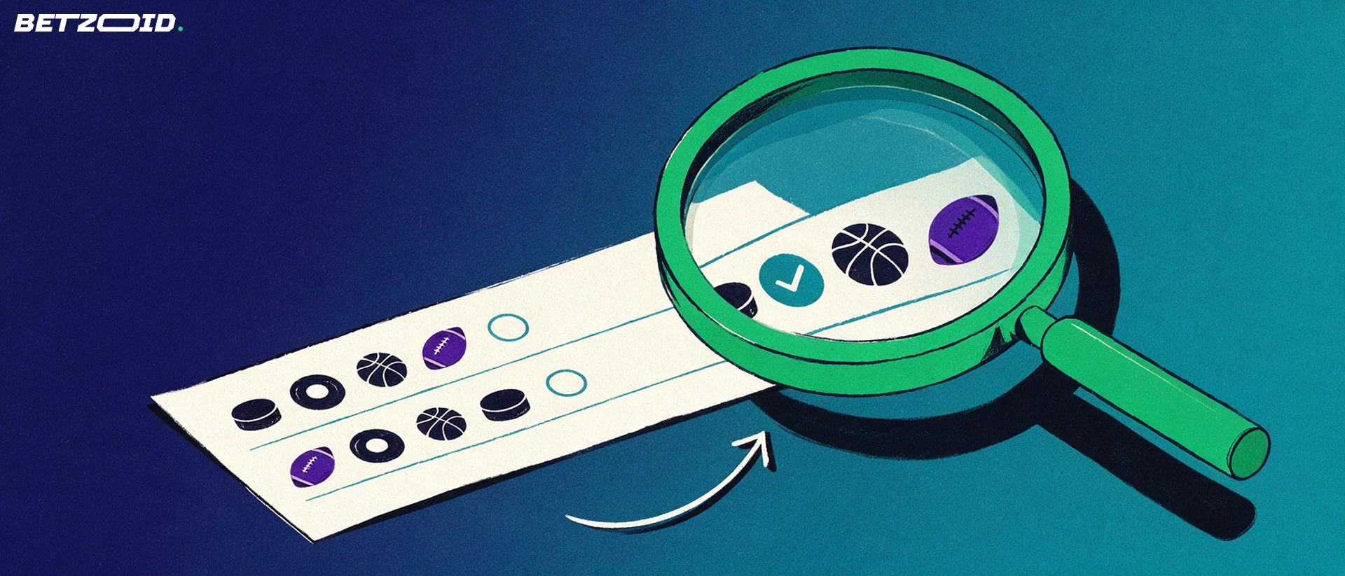 Illustration of a large magnifying glass examining a paper betting slip marked with hockey, basketball and football symbols