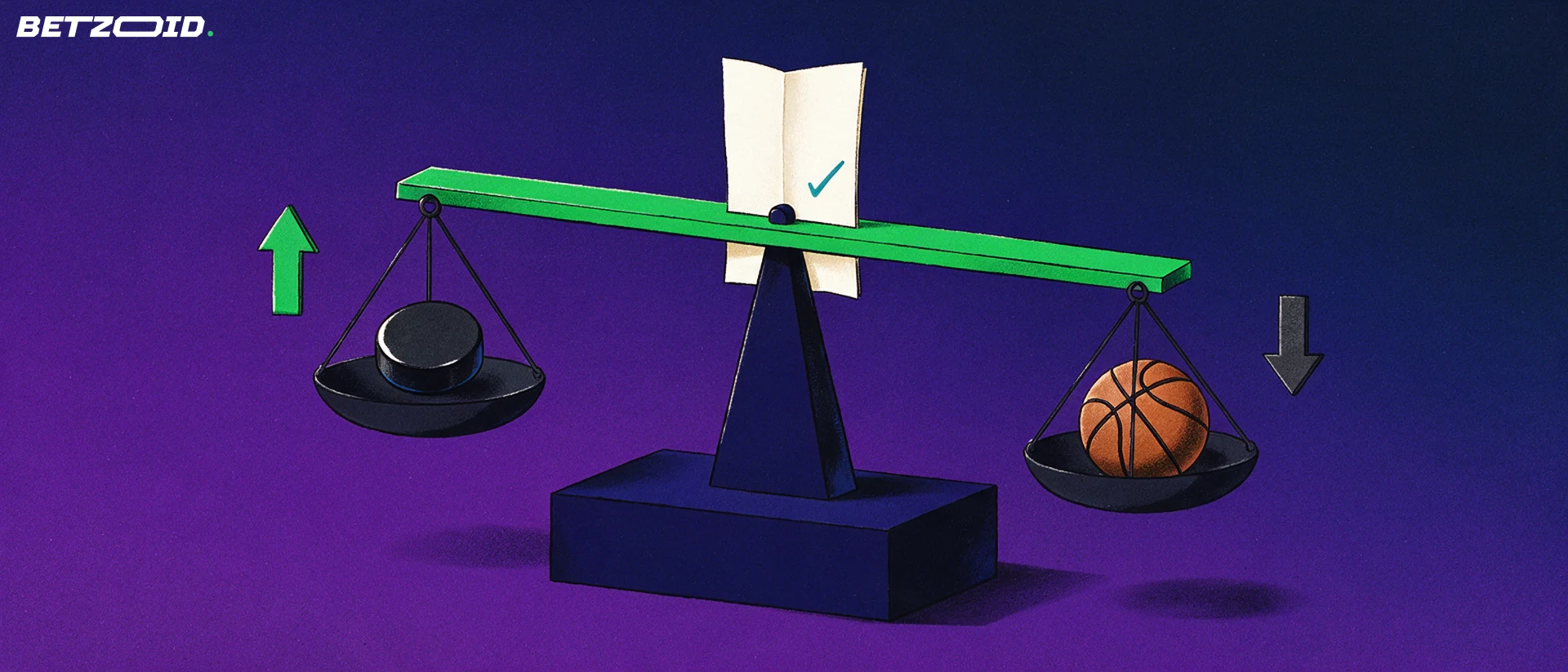 Illustration of a balance scale weighing a hockey puck against a basketball with a folded bet slip as the pointer