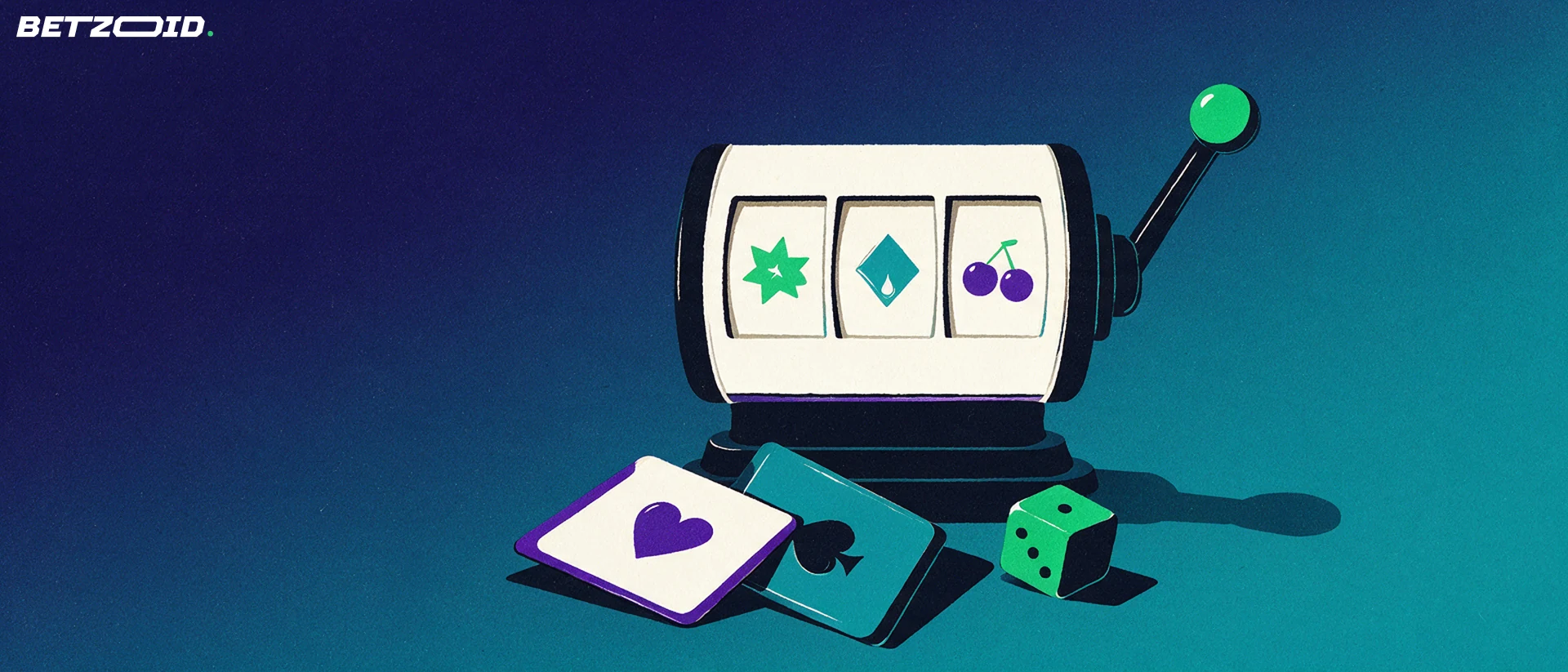 Illustration of a slot machine reel drum with three game symbols, a lever, playing cards and a die