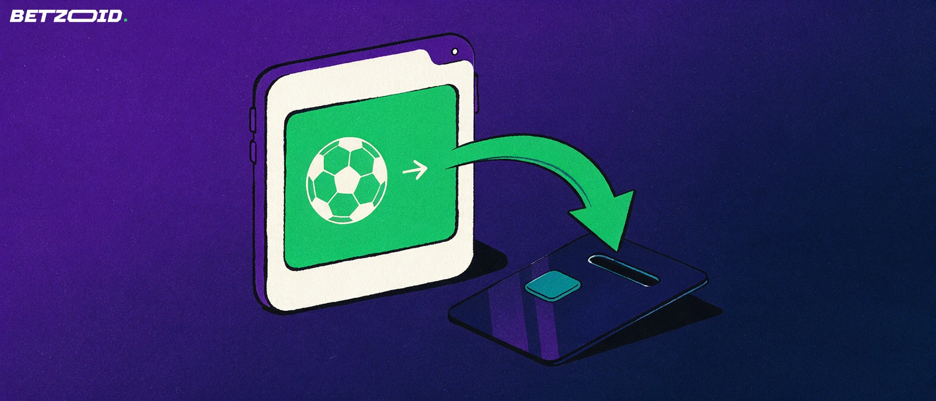 Illustration of a smartphone showing a football symbol with a green arrow curving into a bank card slot.