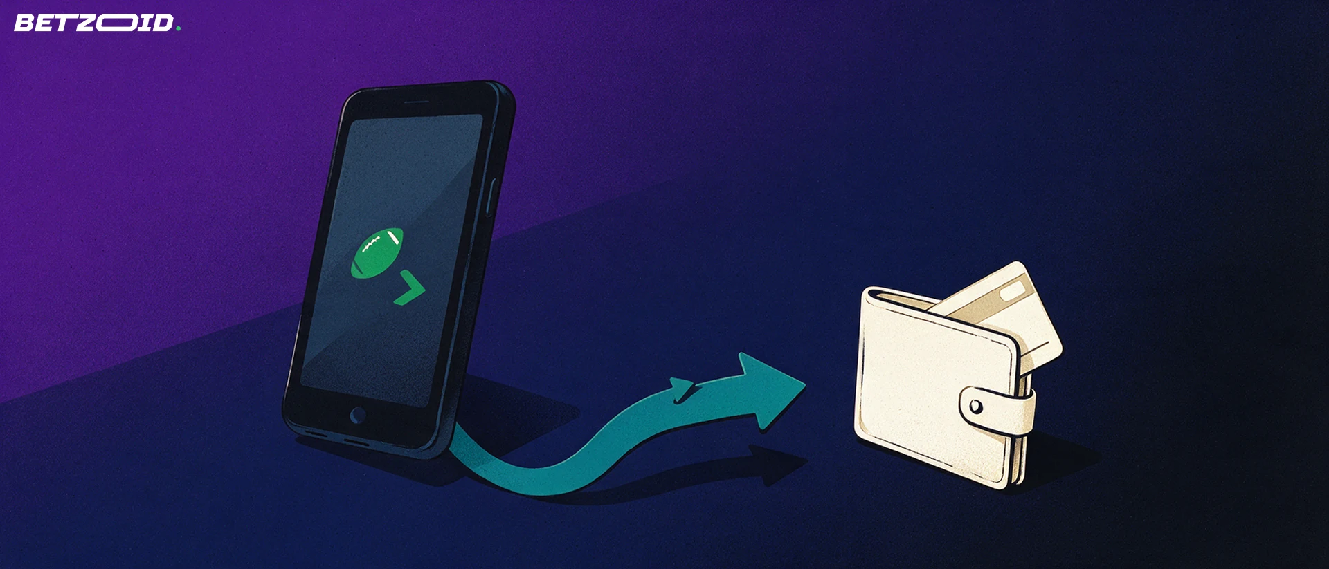Illustration of a smartphone with football and arrow symbols on screen connected by a curved arrow to an open wallet with a card.