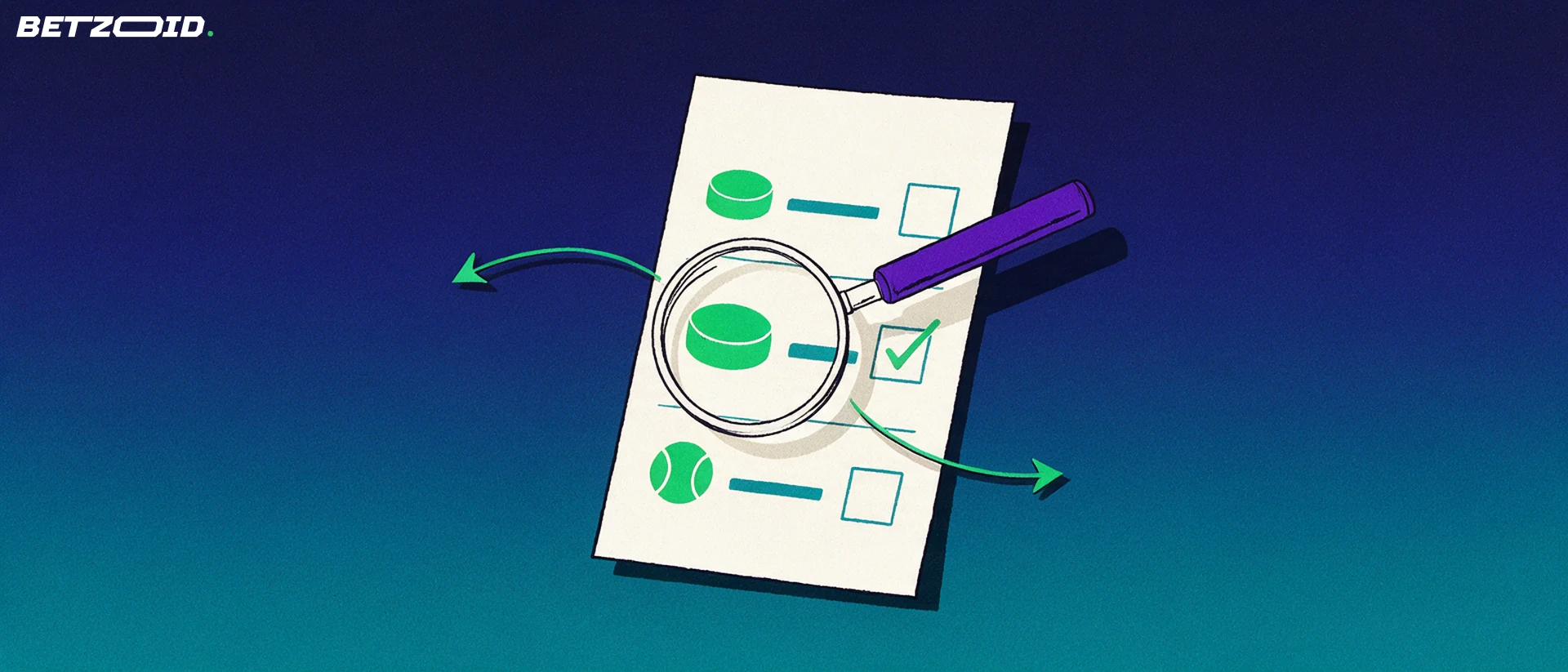 Illustration of a magnifying glass inspecting a betting slip marked with hockey, soccer and tennis symbols and ticked checkboxes.