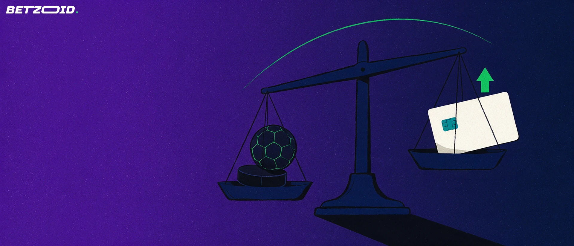 Illustration of a balance scale weighing a hockey puck and soccer ball against a plain payment card with an upward arrow.
