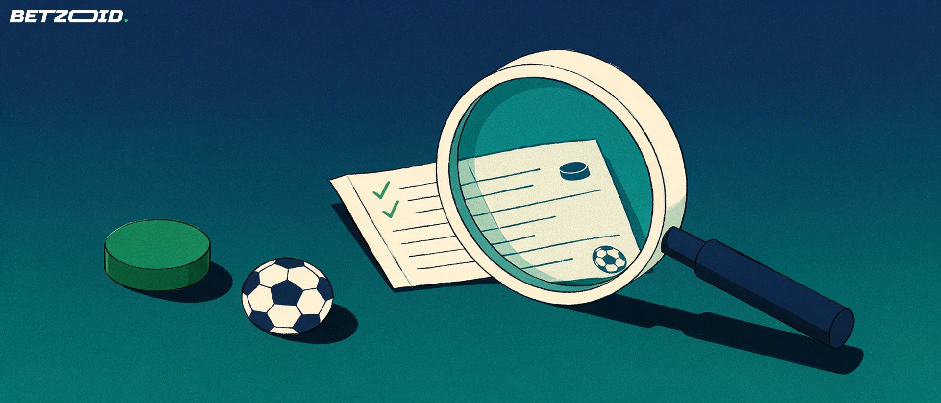 Illustration of a large magnifying glass examining a paper betting slip marked with tick marks, beside a hockey puck and a soccer ball.