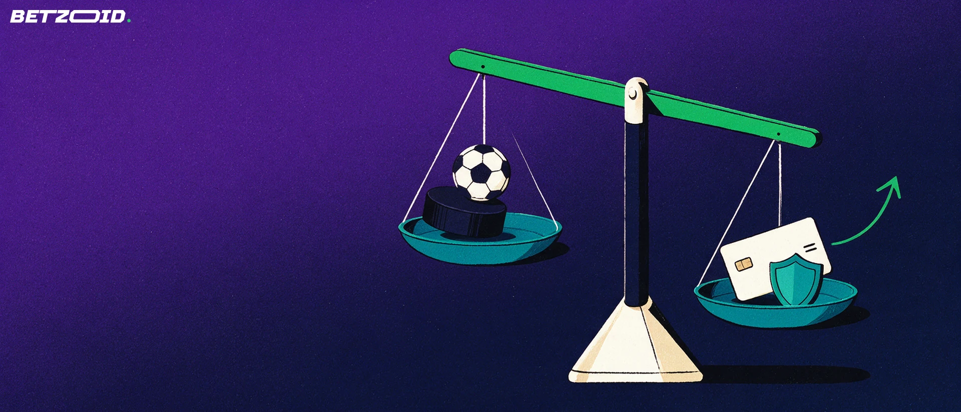 Illustration of a balance scale weighing a hockey puck and soccer ball on one side against a plain bank card and a shield with an upward arrow on the other.