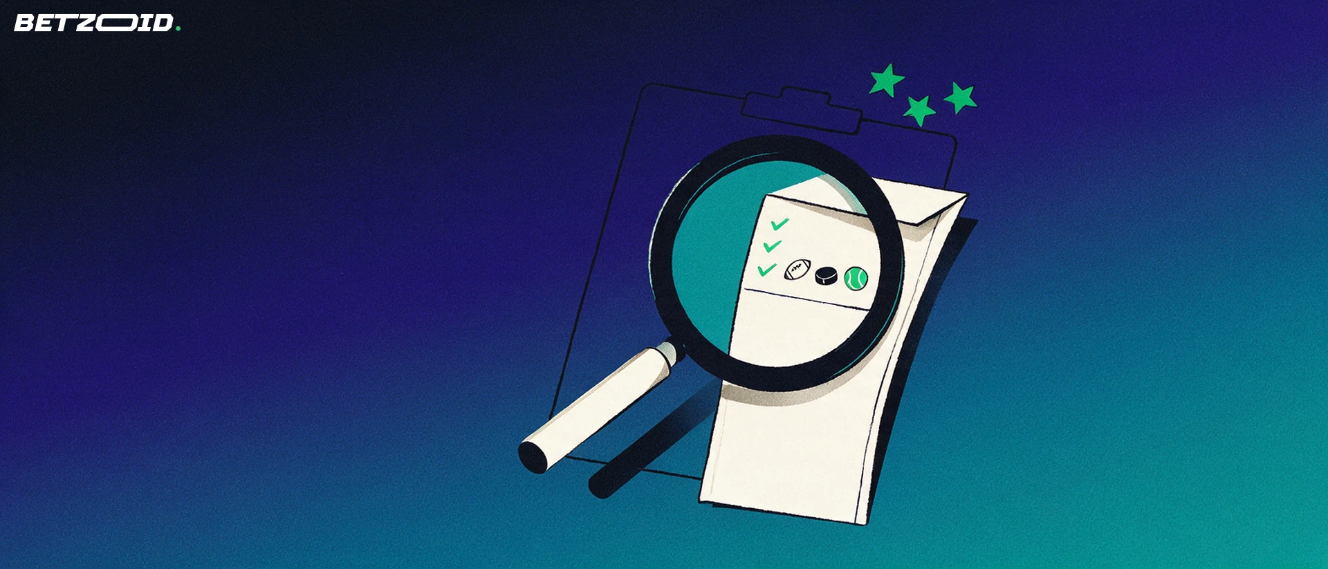 Illustration of a large magnifying glass examining a paper sports betting slip marked with check ticks and small sport symbols