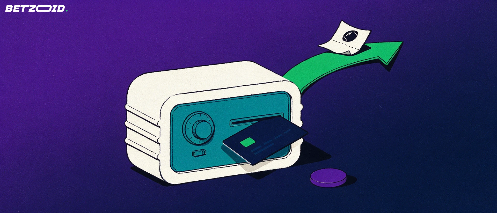 Illustration of a bank card entering a payout terminal with a green arrow lifting a small betting slip showing a football symbol