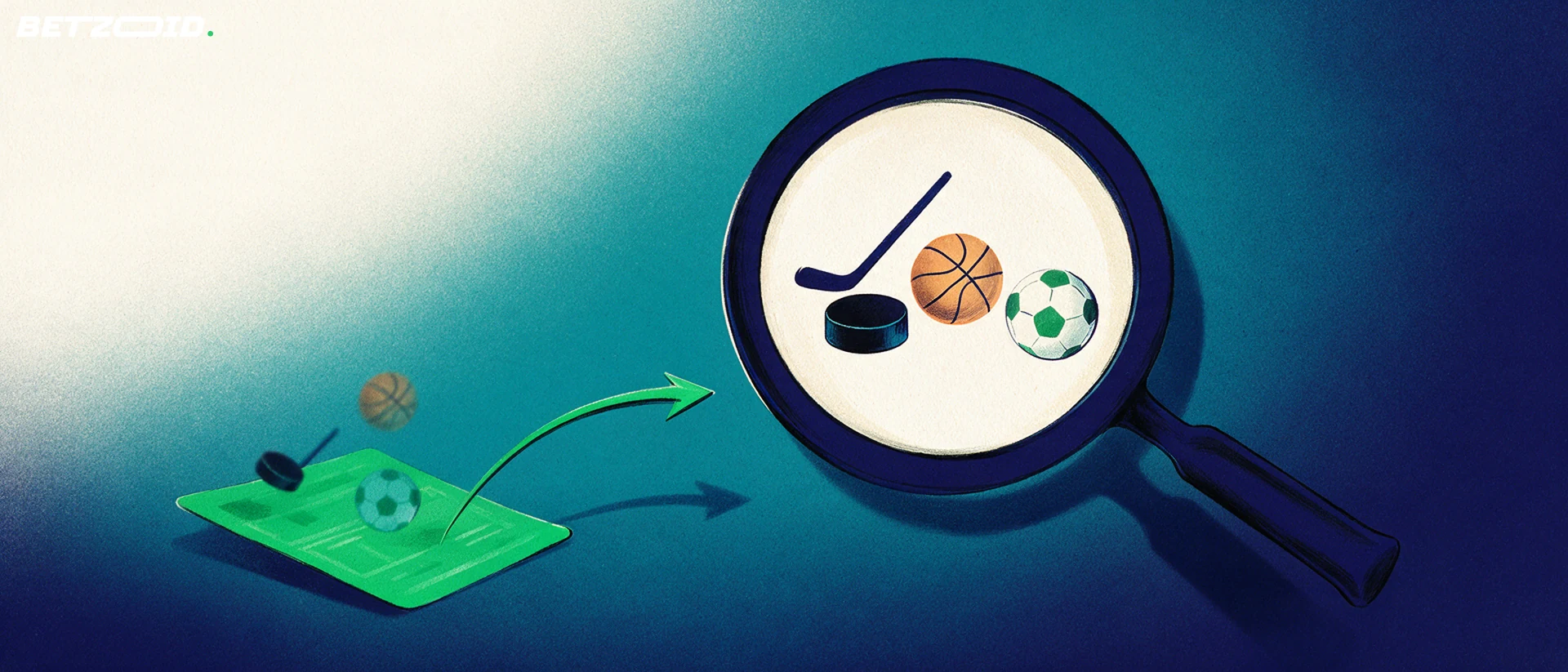 Illustration of a magnifying glass enlarging hockey, basketball and soccer symbols on a betting slip.