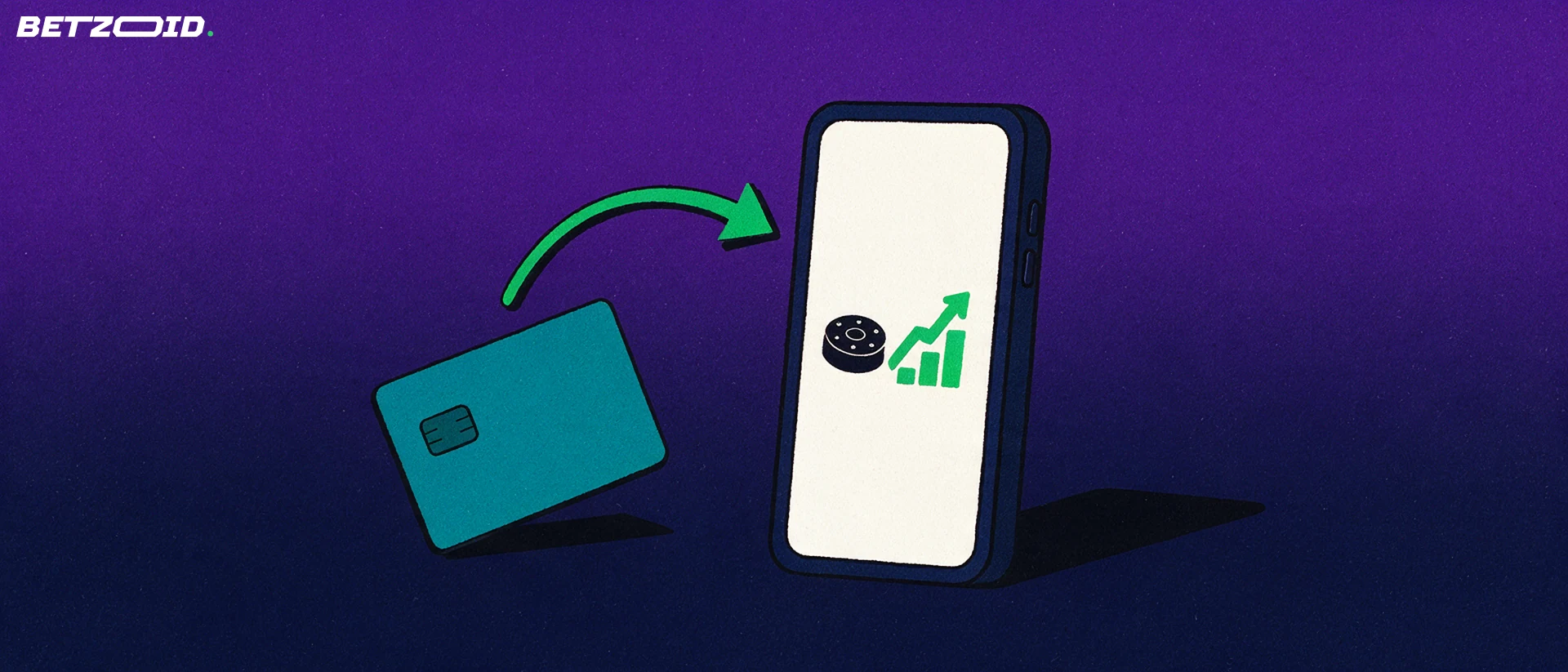 Illustration of a phone showing a hockey puck and rising line beside a bank card with an arrow between them.