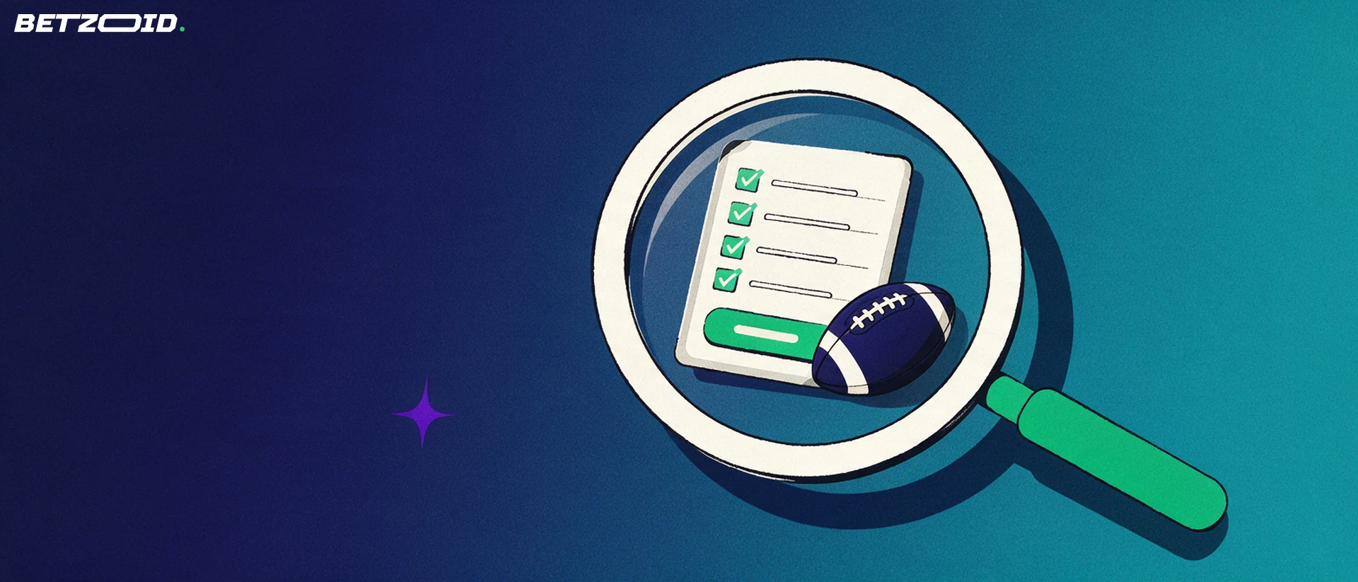 Illustration of a large magnifying glass examining a sports betting slip with tick marks beside a football