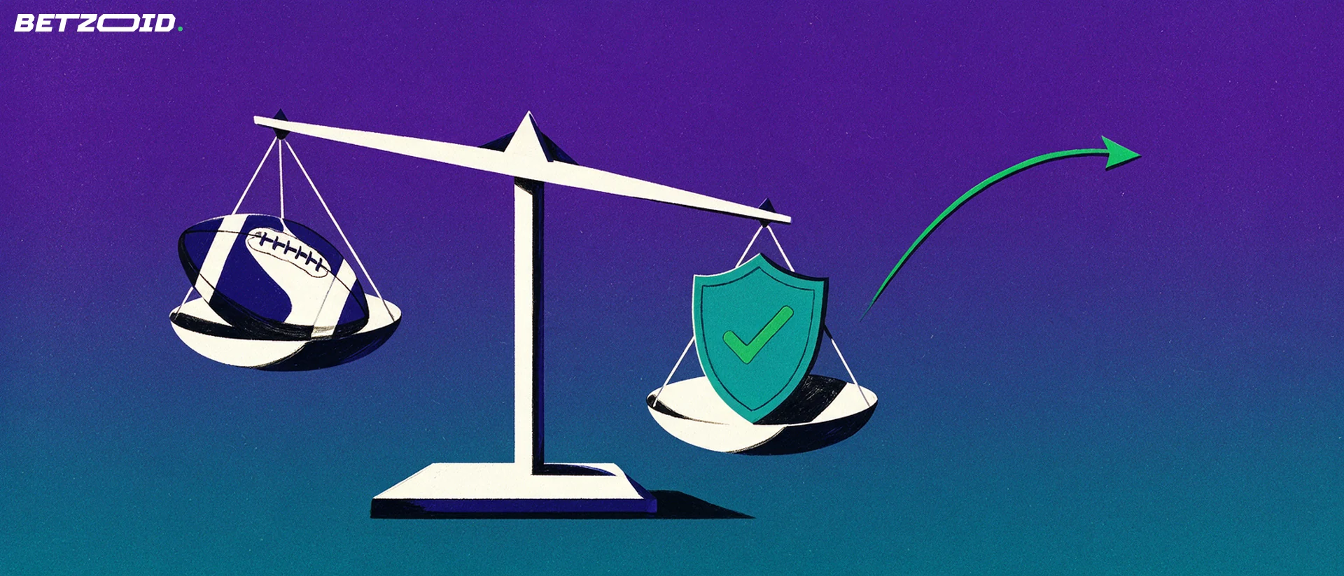 Illustration of a balance scale weighing a football against a shield marked with a checkmark