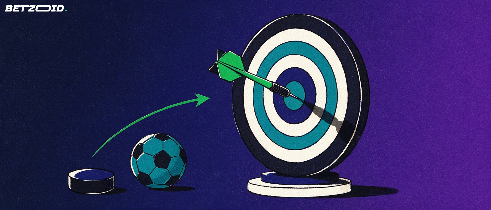 Illustration of a dart striking the centre of a target board beside a hockey puck and soccer ball, with a curving arrow pointing to the bullseye.