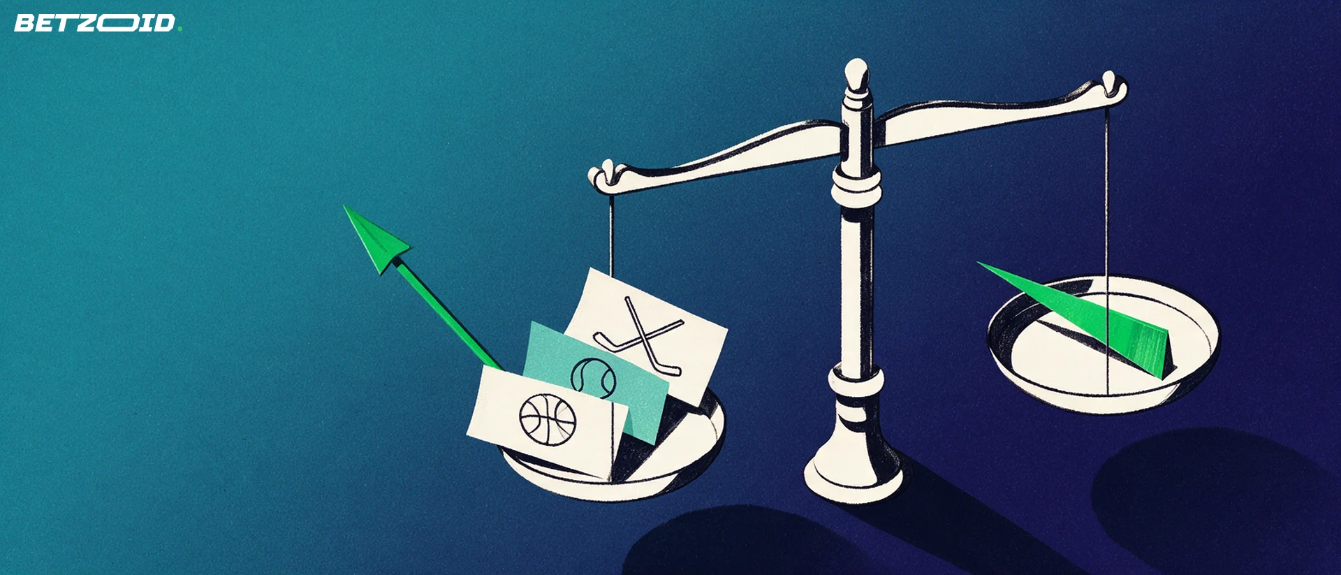 Illustration of a balance scale weighing a stack of betting slips with sport symbols against a small green wedge, with a rising arrow behind.