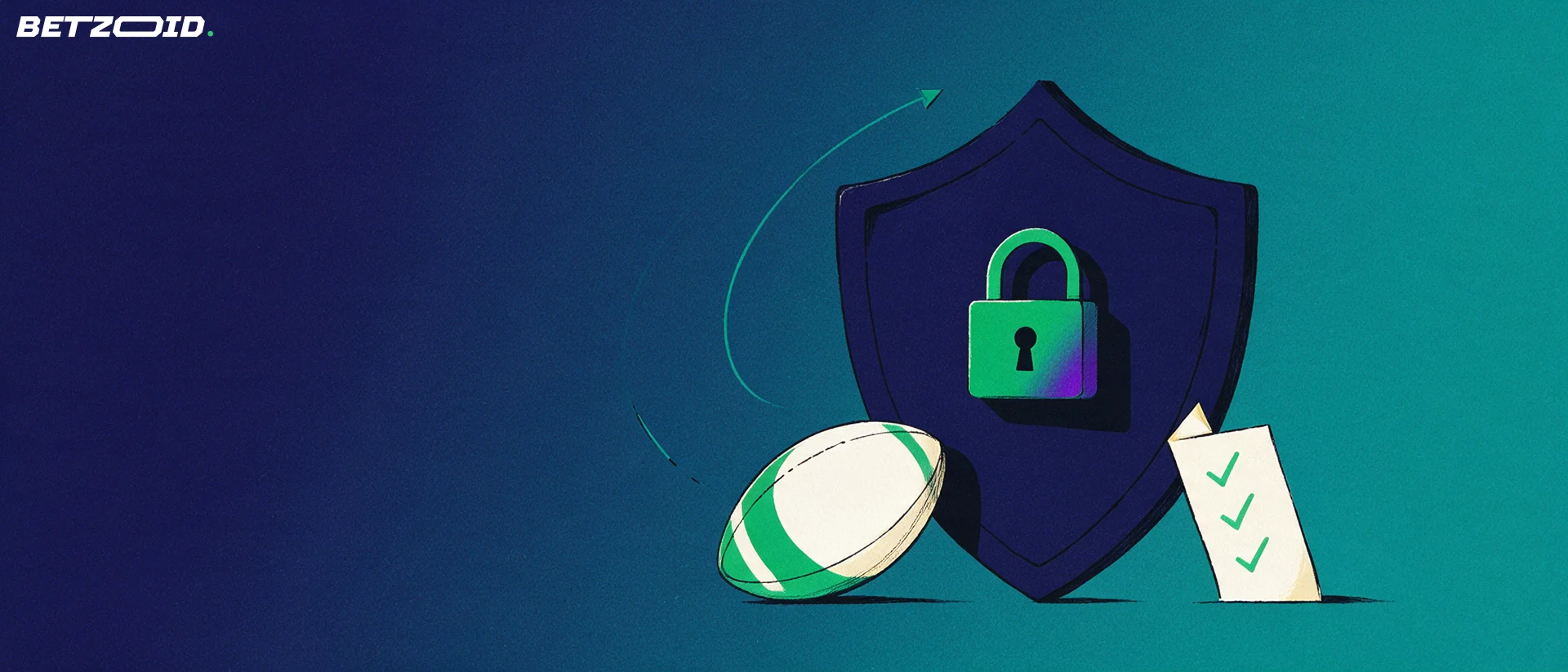 Illustration of a navy shield with a green padlock at its centre, a football and a small folded betting slip leaning against it.