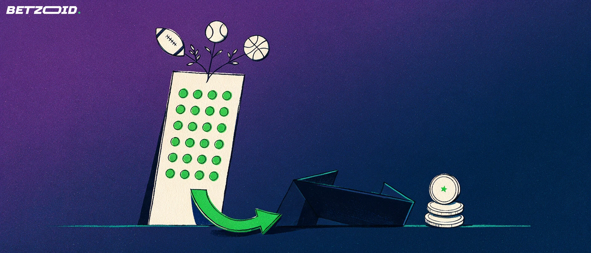 Illustration of an upright betting slip branching into football, tennis and basketball symbols, with a green arrow leading into a payout chute above a small stack of coins.