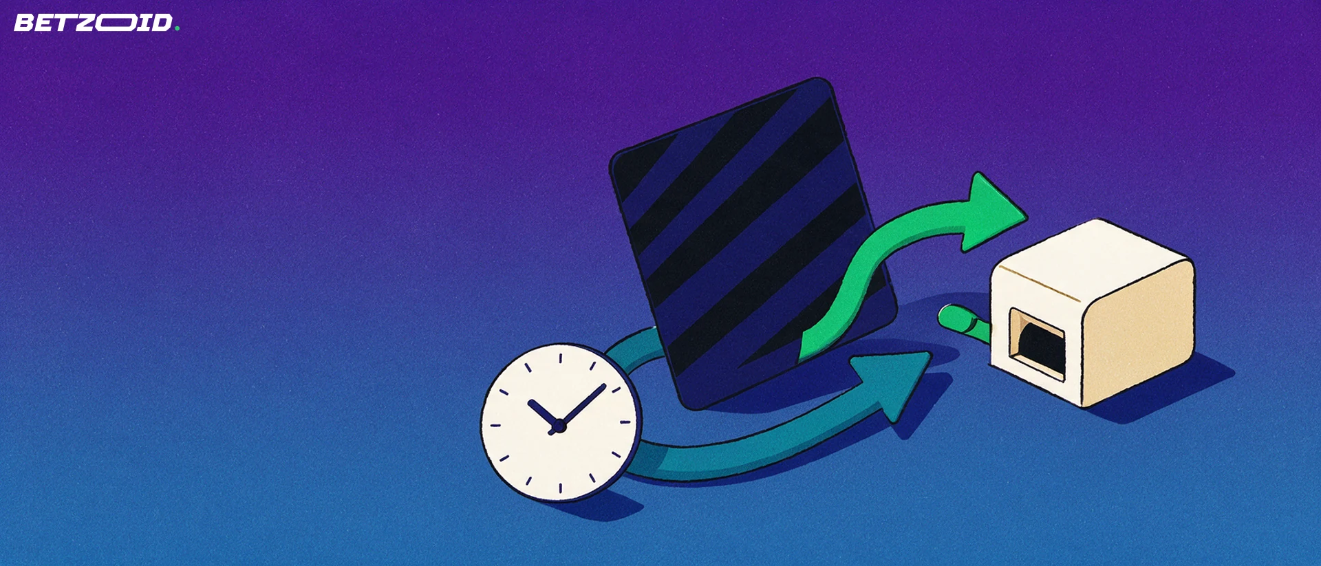 Illustration of a plain bank card linked by two curved arrows to a payout slot, next to a simple clock face, showing a deposit and withdrawal cycle.