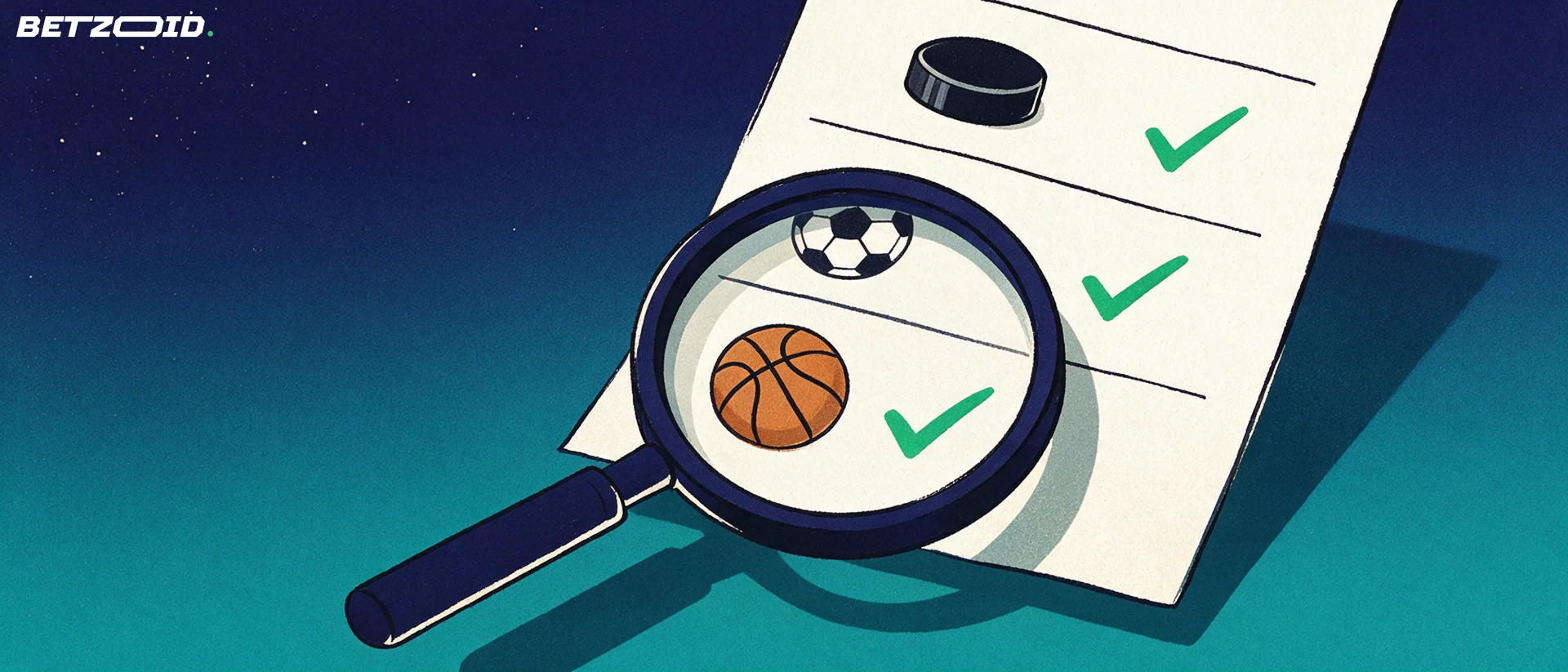 Illustration of a magnifying glass inspecting a betting slip marked with hockey, soccer and basketball symbols and green check ticks.