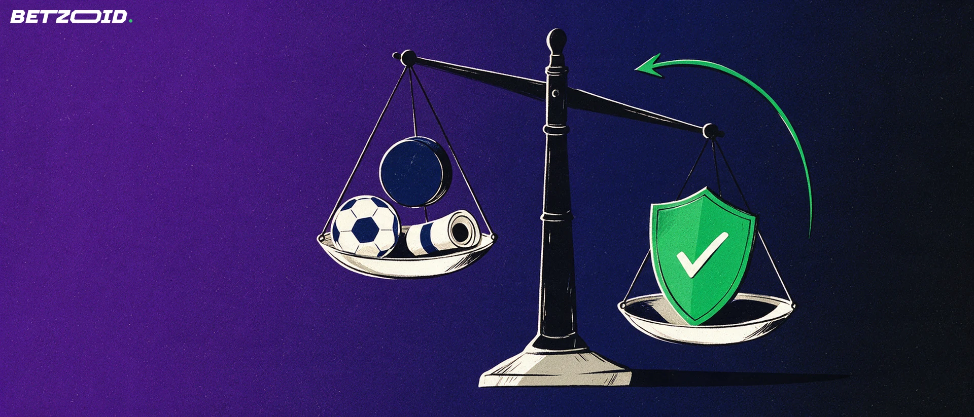 Illustration of a balance scale weighing sports equipment against a green shield with a check mark.