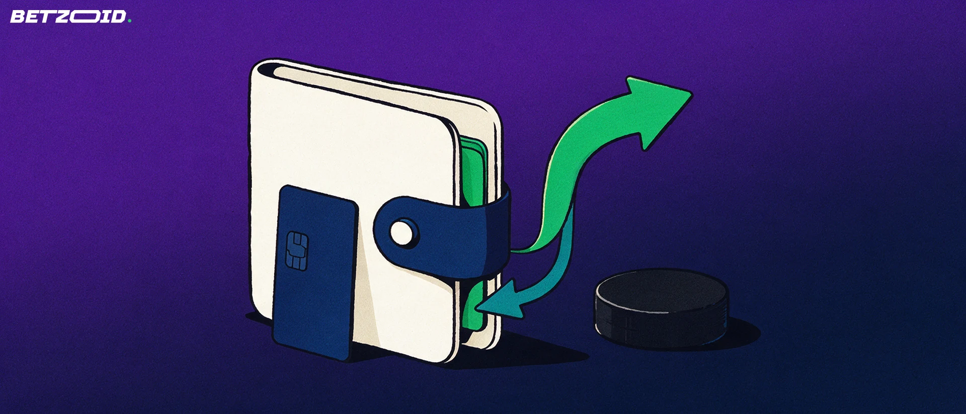 Illustration of a wallet with two curved arrows for deposits and withdrawals, a plain bank card and a hockey puck