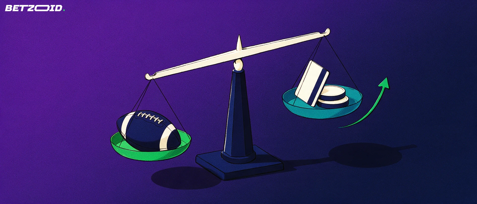 Illustration of a balance scale weighing a football against a plain payment card with an upward arrow.
